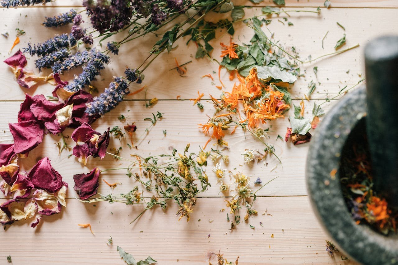 A beautiful still life of dried herbs and flowers accompanied by a mortar, perfect for natural healing themes.
